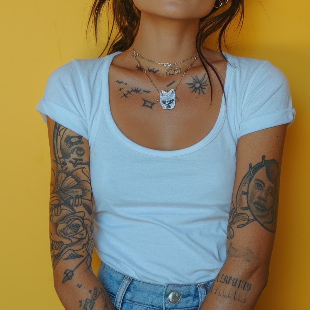 Stylische Frau mit Tattoos posiert vor einem leuchtend gelben Hintergrund